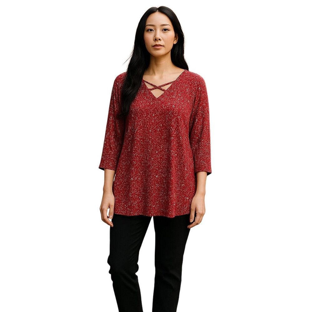 Ruby Rd. Women's XL Red Metallic Silver 3/4 Sleeve V-Neck Blouse